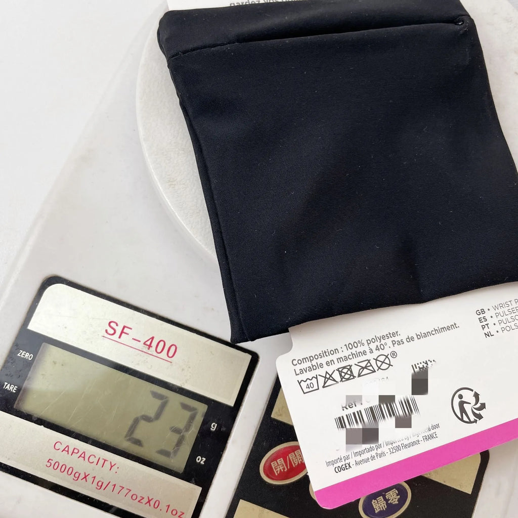 Black wrist bag armband sleeve for mobile phone, shown with dimensions 10cm by 10.5cm.