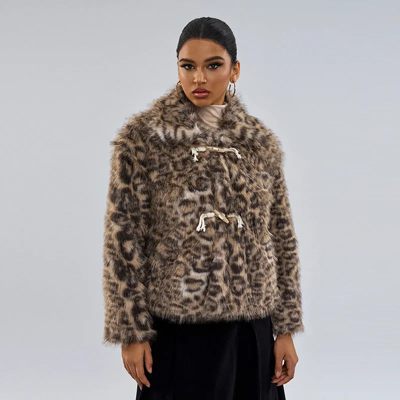 Leopard print street fashion coat for women with regular sleeves and 50cm length