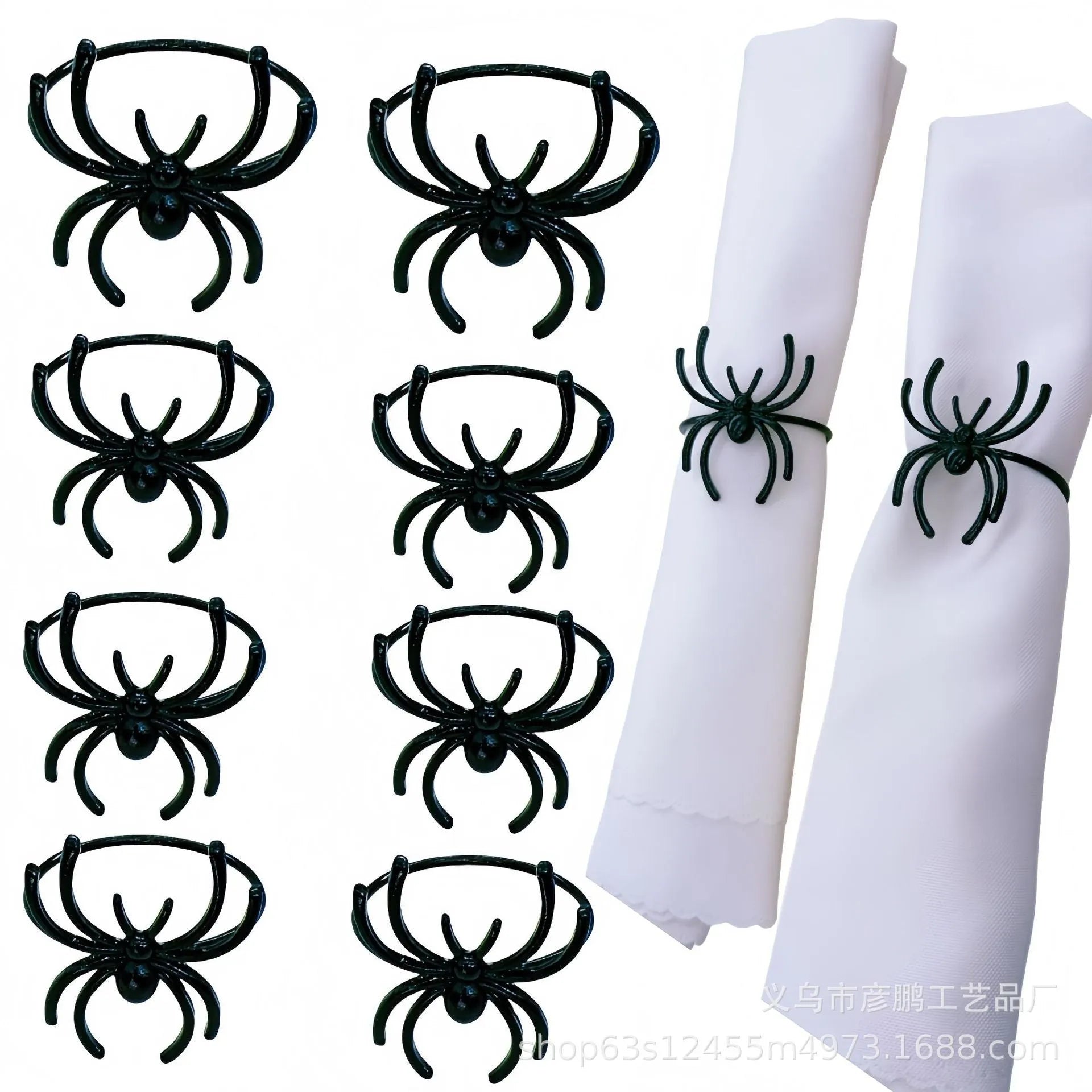 Six black spider-design alloy napkin rings for Halloween table settings