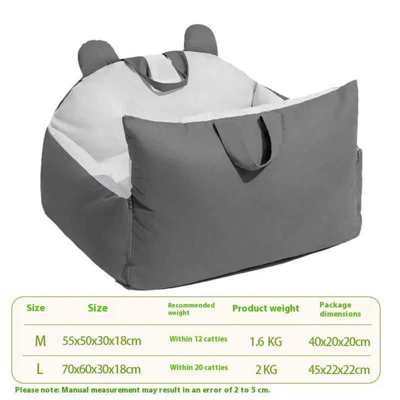 Removable washable dog car kennel in beige, shown in Medium and Large sizes for vehicle travel safety.