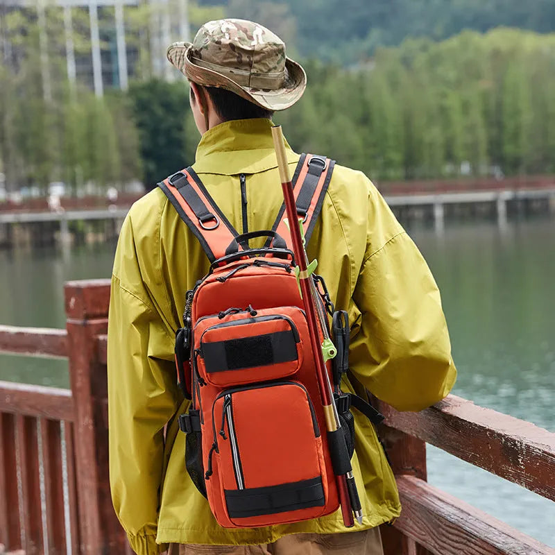 Derm fabric outdoor backpack in orange colour showing 20-35L capacity for hiking and camping