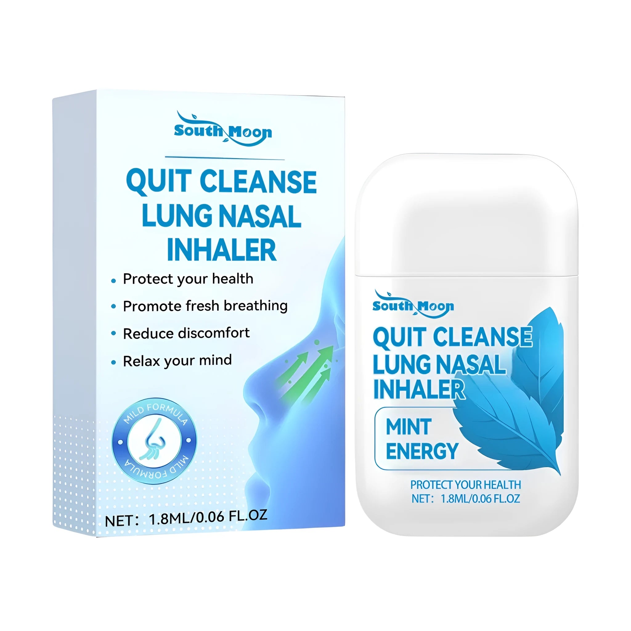 A 1.8ml herbal nasal inhaler bottle with a nasal aspirator for congestion relief.