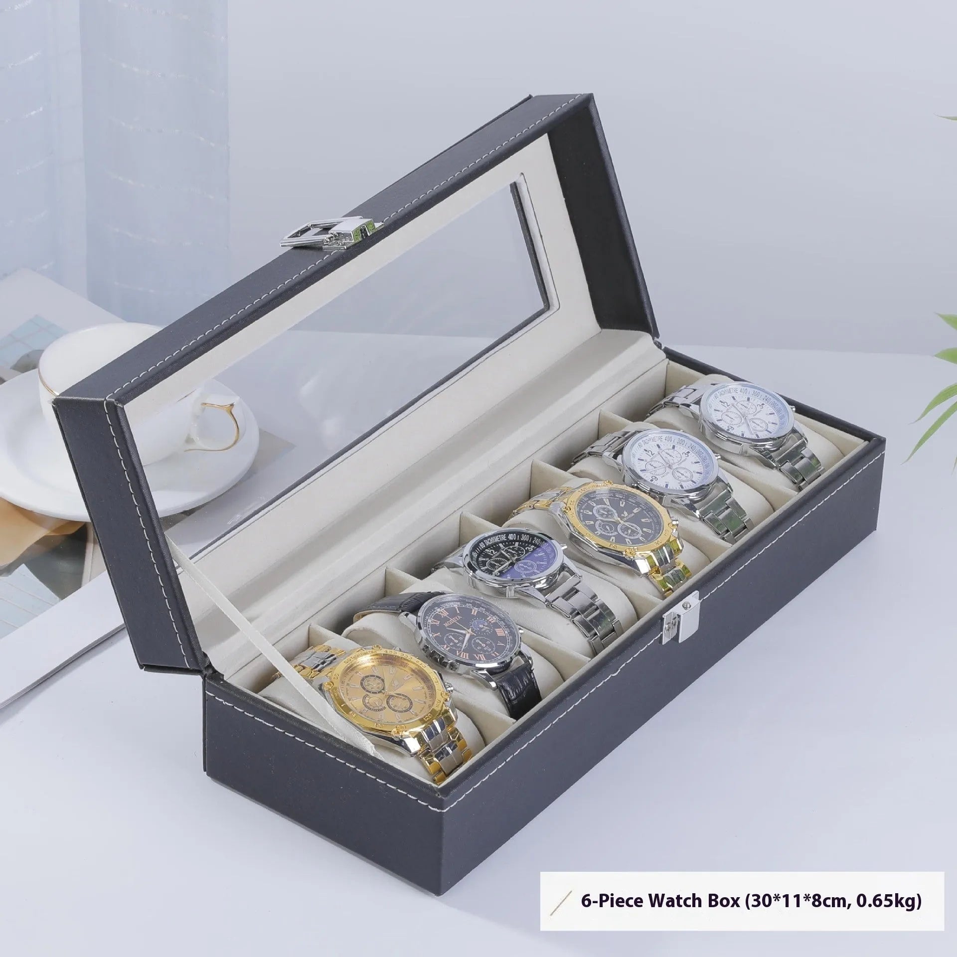 Grey high-grade leather watch storage box with transparent dustproof lid showing internal watch slots