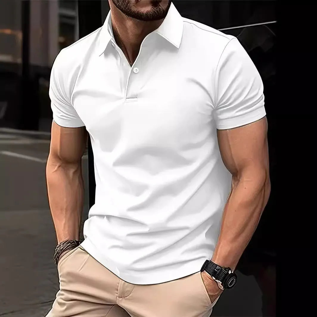 Men's slim fit solid colour short sleeve button shirt on a hanger
