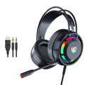Black computer gaming headset with microphone, sponge ear cushions, and long cable showing 3.5mm and USB plug options