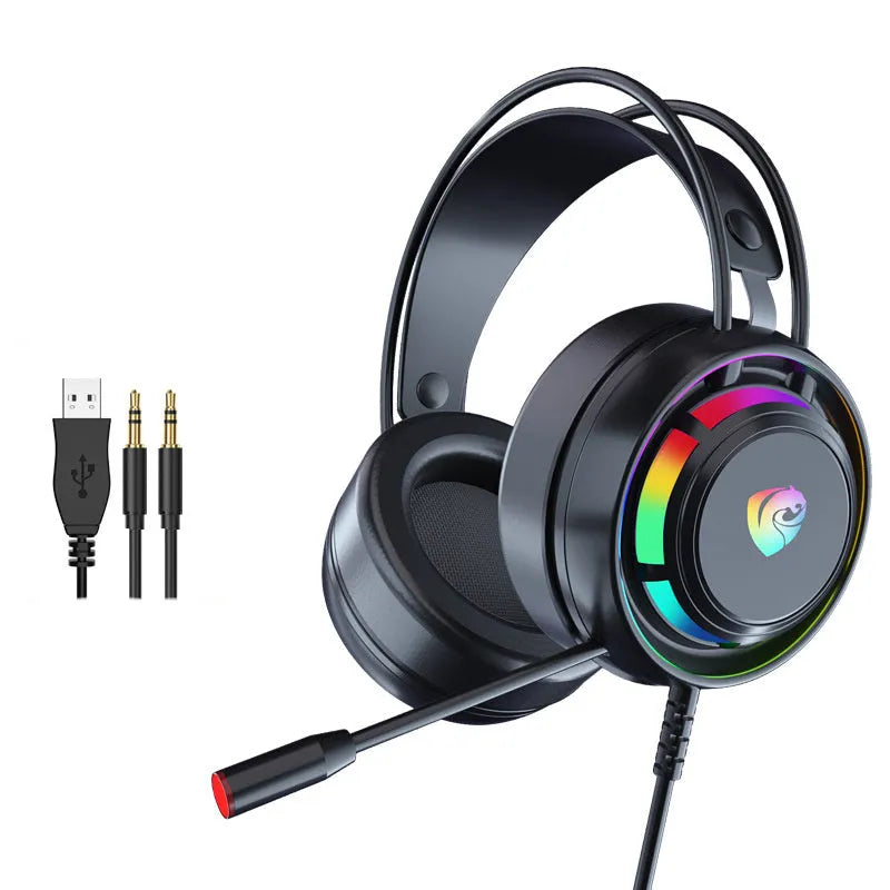 Black computer gaming headset with microphone, sponge ear cushions, and long cable showing 3.5mm and USB plug options