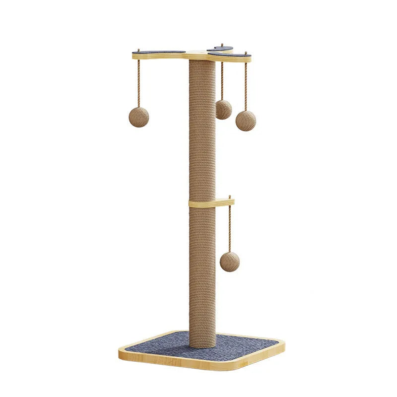 Scratch-resistant cat climbing frame toy with hanging ball, made from pine wood and carpet leather.