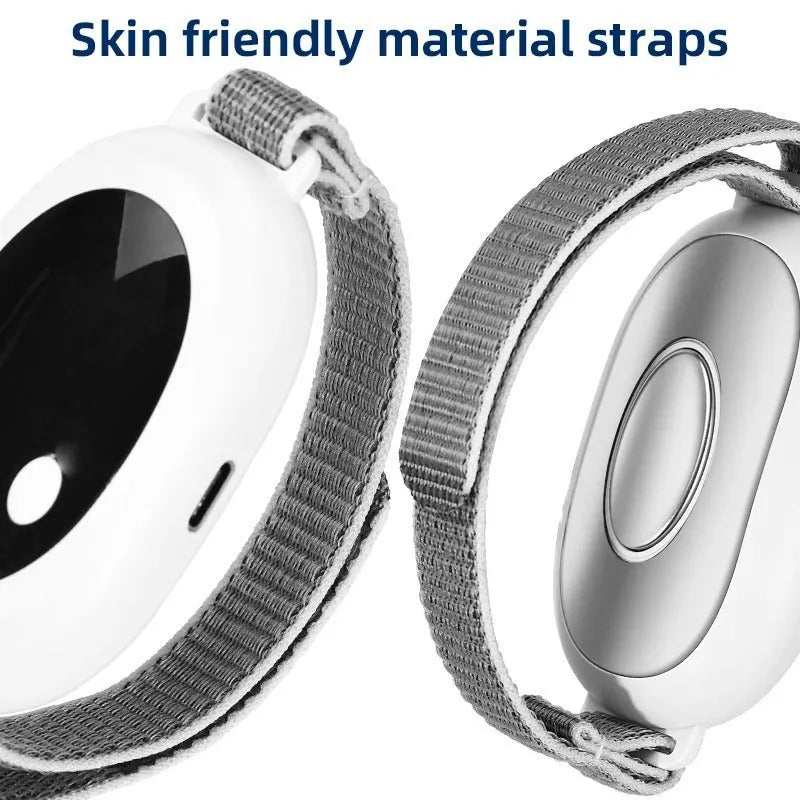 White handheld sleep aid device with remote control showing 20 gear settings, USB charging cable, and sleep bracelet.