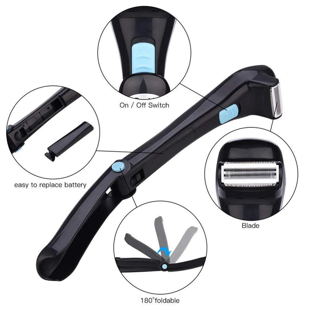 Black folding electric body shaver with compact closed design and ABS plastic housing.