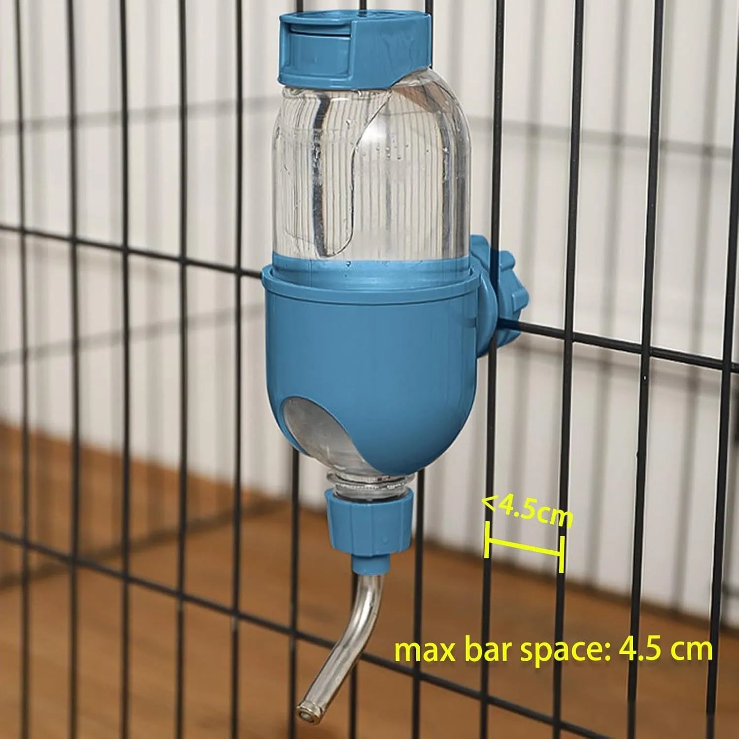 Blue small animal cage water bottle with rotatable nozzle and mounting bracket