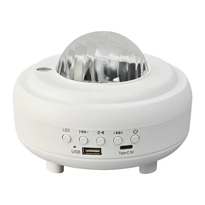 White Galaxy Star Projector night lamp showing star projection on wall and ceiling