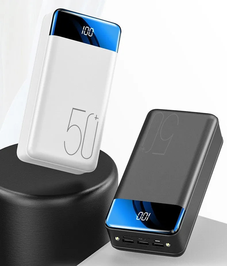 Large black or white 50000mAh power bank with multiple USB ports showing dimensions 169x83x52mm