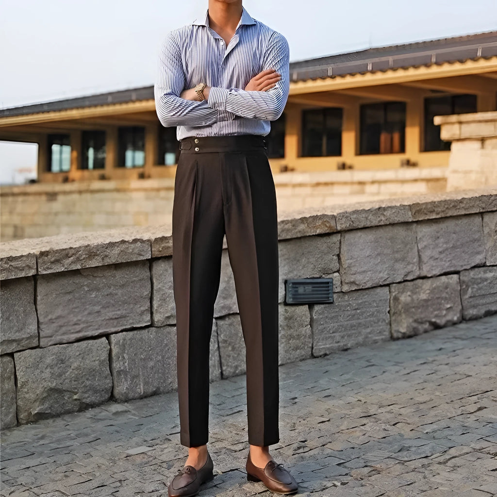 Men's slim fit straight cut trousers in black, white or apricot for business formal wear