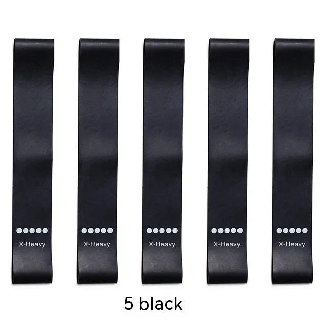 Set of five colour-coded yoga resistance straps with force marks and five plain TPE straps.