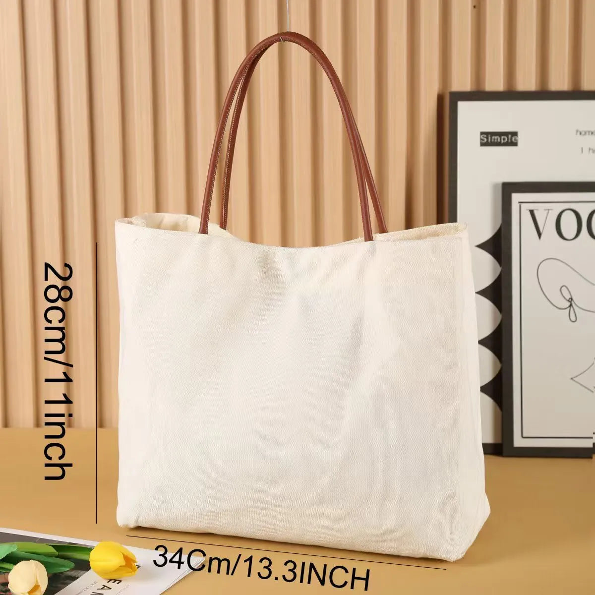 Beige white canvas tote bag with 40 litre capacity and double handles