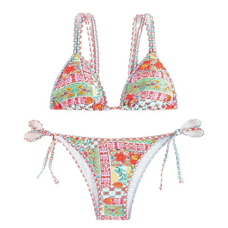 Women's lace-up split swimsuit with backless design in picture colour
