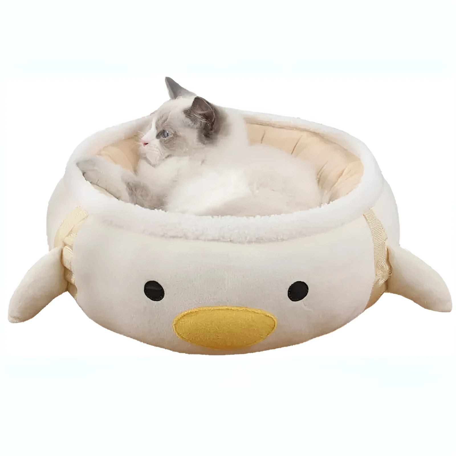 Green chick dinosaur shaped cat bed shown both flat and hanging as a hammock.