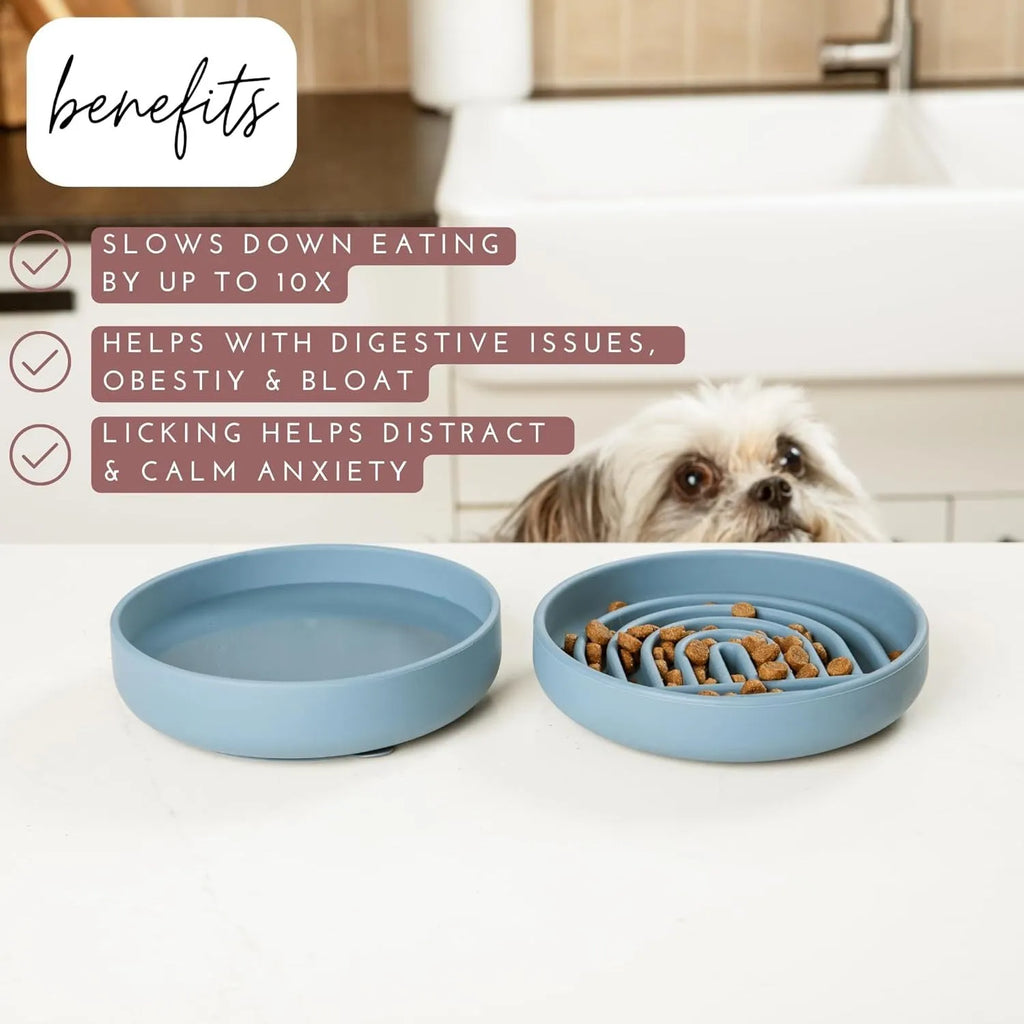 Silicone slow feeder dog bowl with ridges in beige, charcoal, blue, yellow, green, or red.