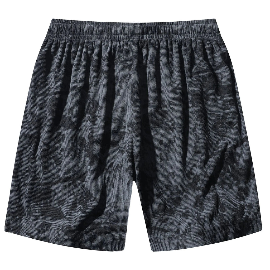 Men's corduroy camouflage athletic shorts in black colour showing high waist and straight cut design