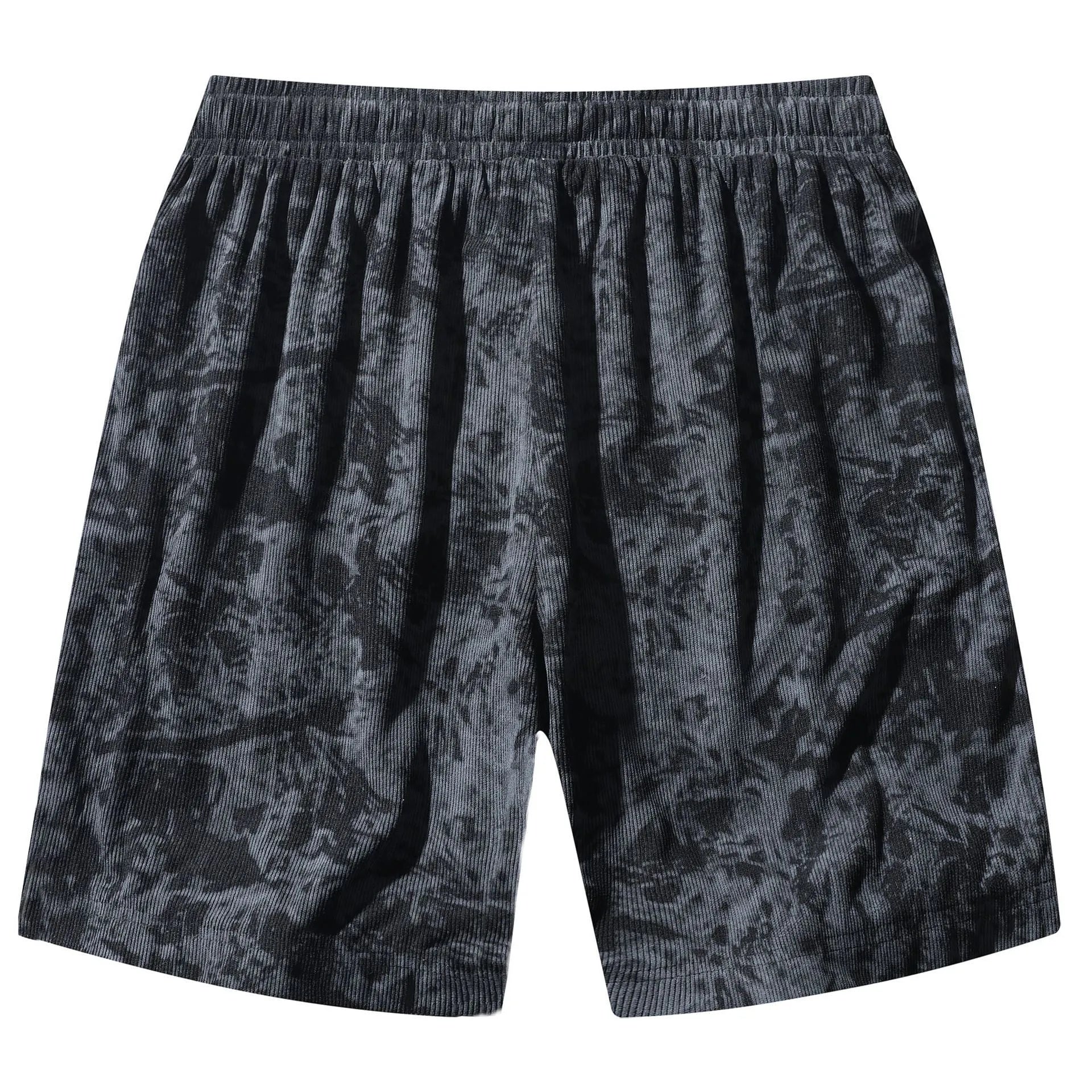 Men's corduroy camouflage athletic shorts in black colour showing high waist and straight cut design