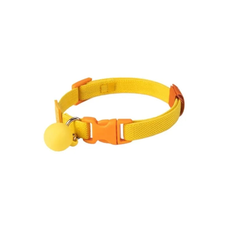 Small dog wearing high elasticity polyester pet collar in yellow colour