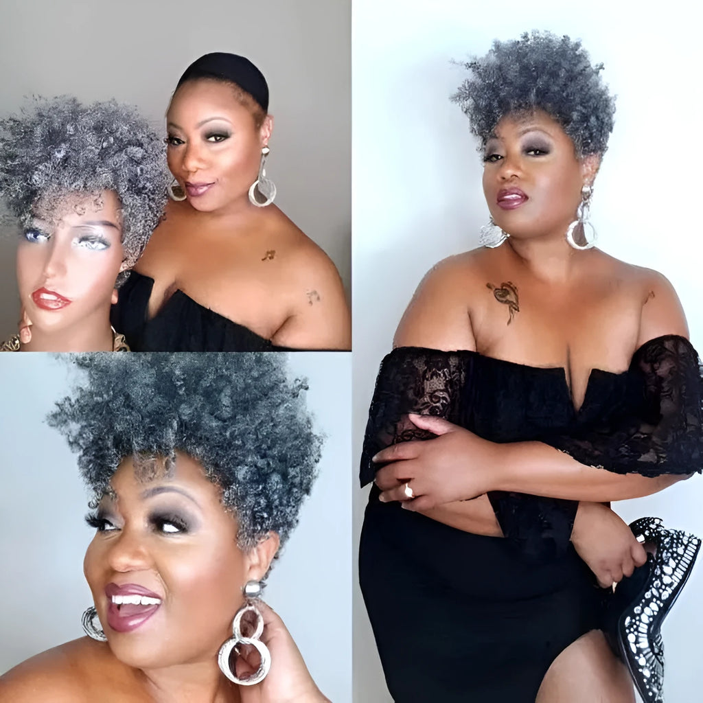 Women's short synthetic wig with simple rolls styling in Kanekalon fibre, shown in H002 Black colour