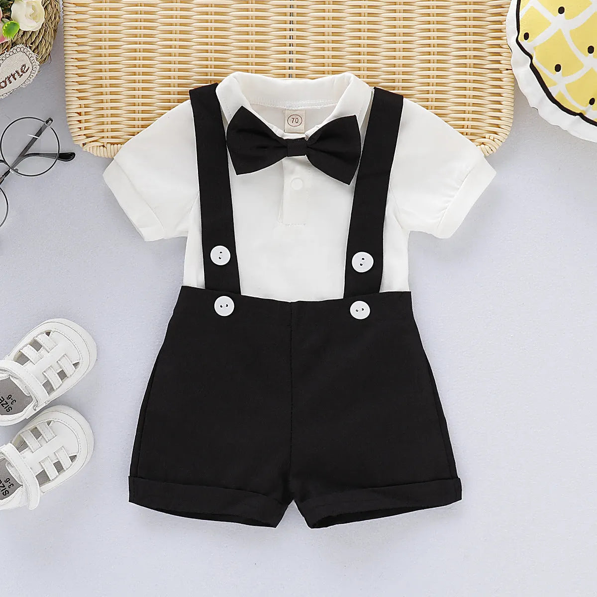 Baby romper bow tie overall dress set in cotton with shirt and shorts overalls, three-piece neutral outfit