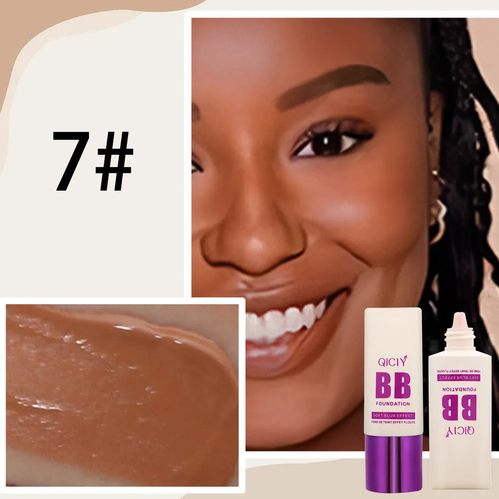 Squeezable plastic bottle of brightening BB cream liquid foundation in one of ten available shades.