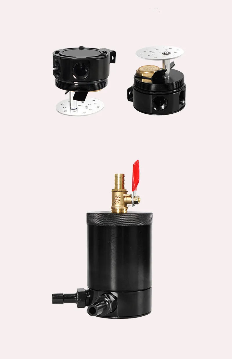 Aluminium automotive oil breather pot with two mounting holes in black and silver colour options