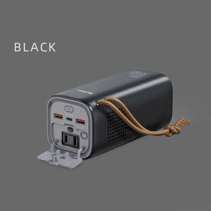 Black portable power bank with solar charging panel, 200W output capacity for outdoor emergency power supply