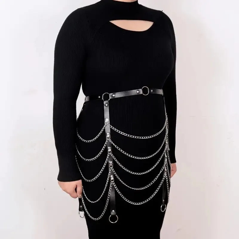 Black PU leather bandage binding waist chain accessory for women