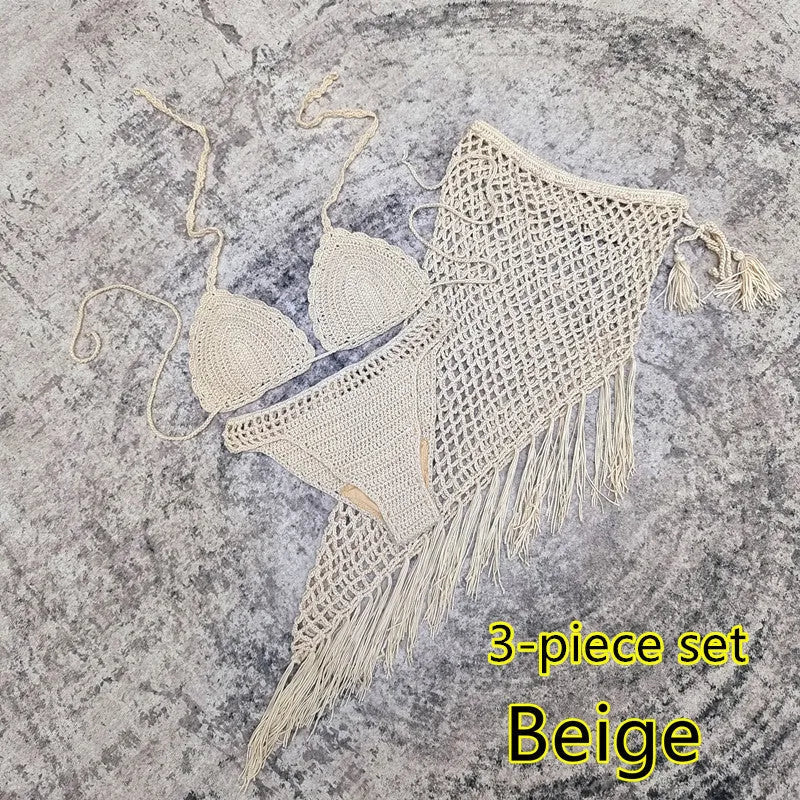 Handmade crochet bikini swimsuit set with matching beach skirt in acrylic fabric