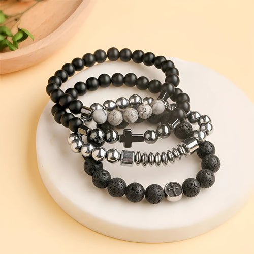 Volcanic brown agate geometric bead bracelet with stainless steel clasp