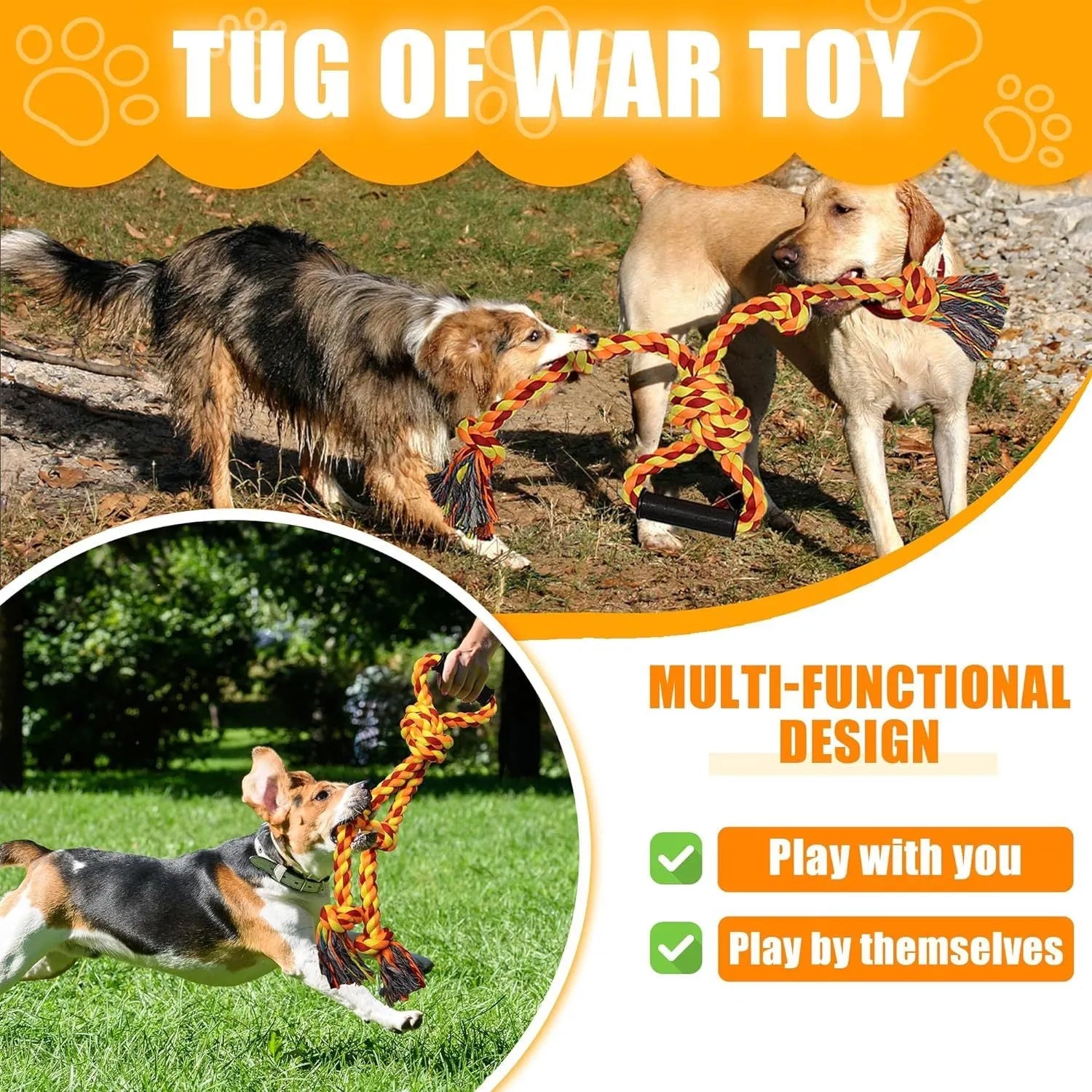 Blue and yellow cotton rope tug toy for large dogs with an ergonomic handle