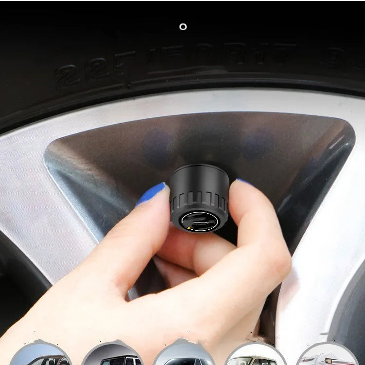 Bluetooth 5.0 external tyre pressure monitoring system kit with four sensors, a wrench, and anti-theft screws.