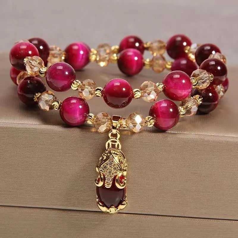 Handmade Tigereye stone adjustable bracelet with single or double chain in Rose Red or Green colours