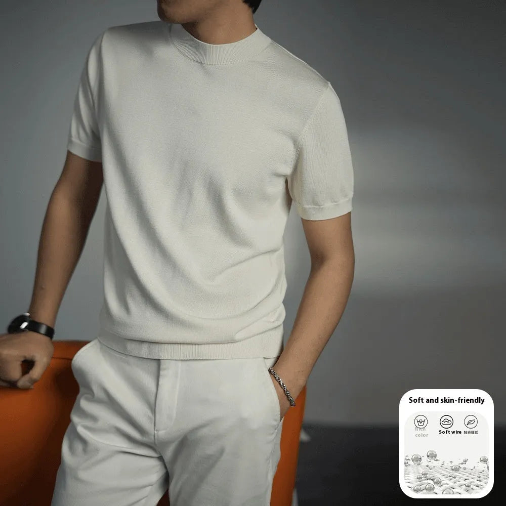 Men's solid colour knitted T-shirt with round neck and short sleeves in business gentleman style