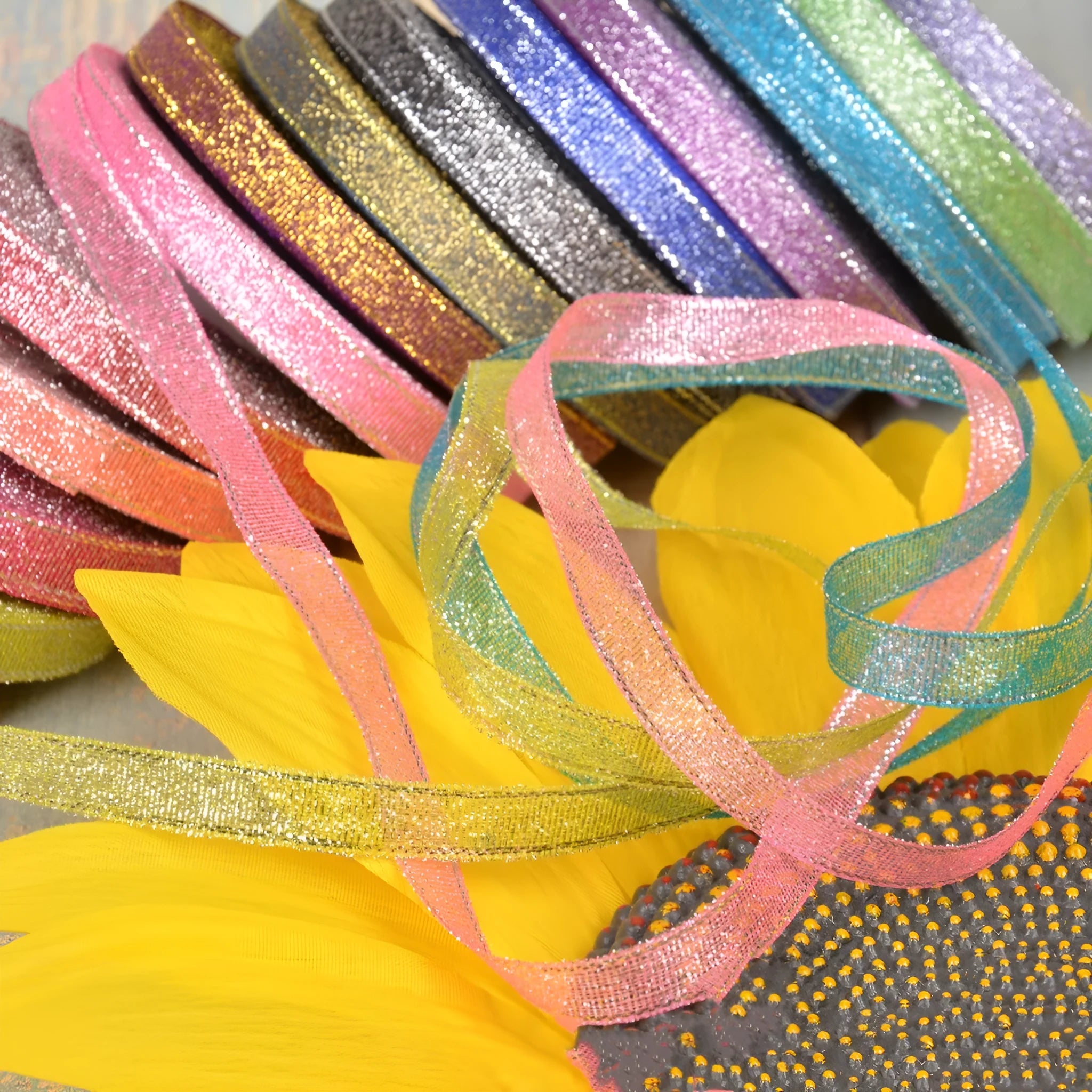 1cm wide colourful green onion pattern polyester ribbon on 25-yard roll with gold wire accents