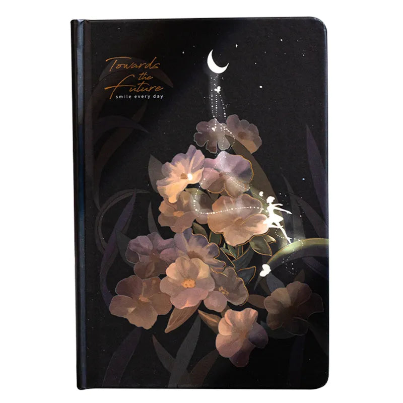 A5 notebook with luminous cover open to show colour illustrated pages, in Purple colour option.