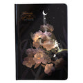 A5 notebook with luminous cover open to show colour illustrated pages, in Purple colour option.