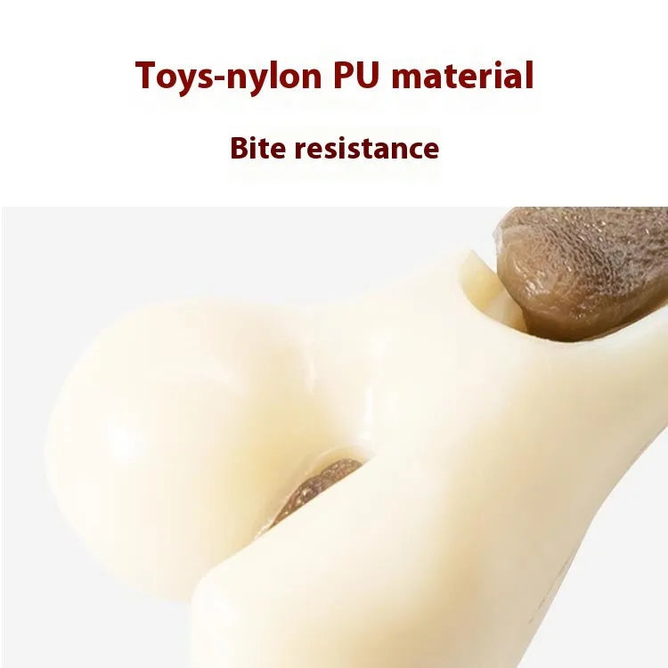 Cowhide and nylon bone-shaped dog chew toy grinding rod in foodie bones colour.