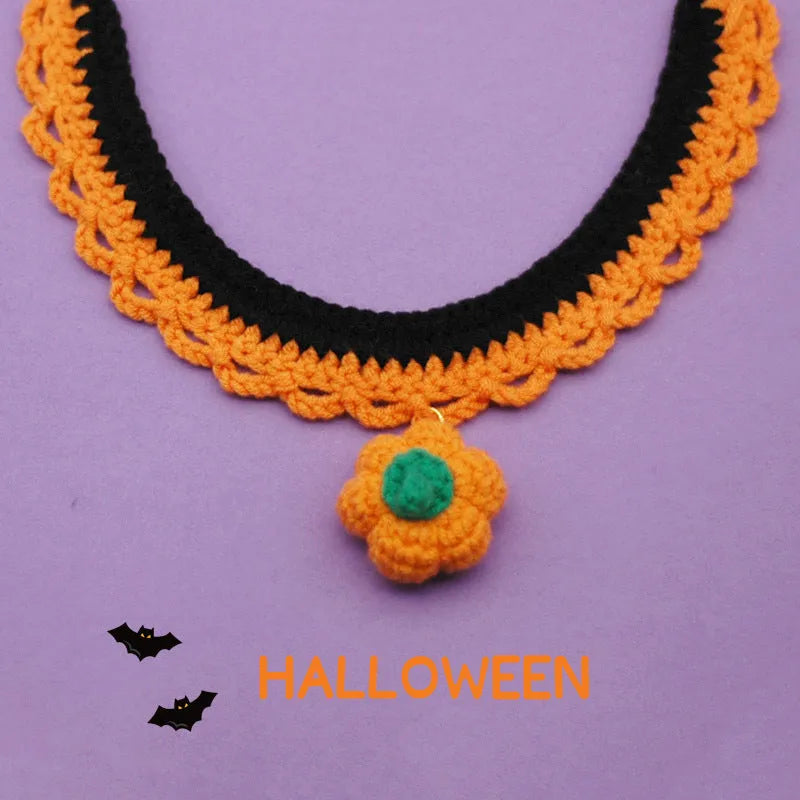 Hand-crocheted wool pet collar with pumpkin design in adjustable sizes