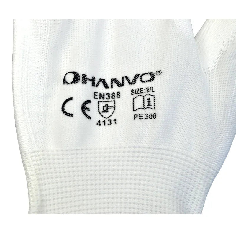 White PU coated labour gloves showing length and flexible construction