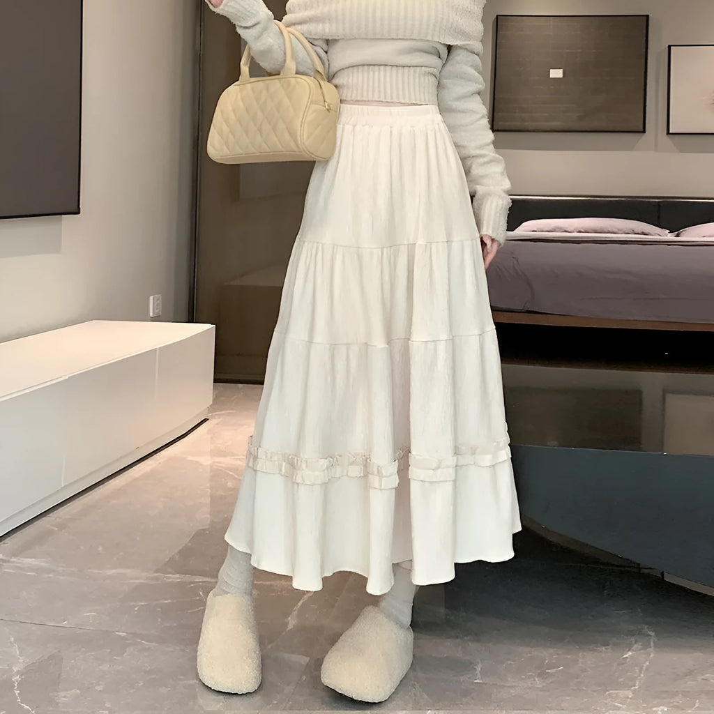 Korean style corduroy A-line midi skirt with elastic waistband in milky white colour