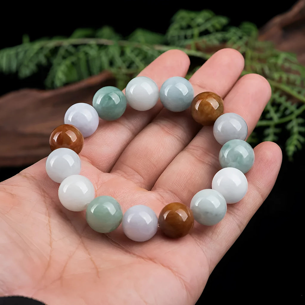 Women's Myanmar jade tricolour bracelet with 13mm round beads and certificate