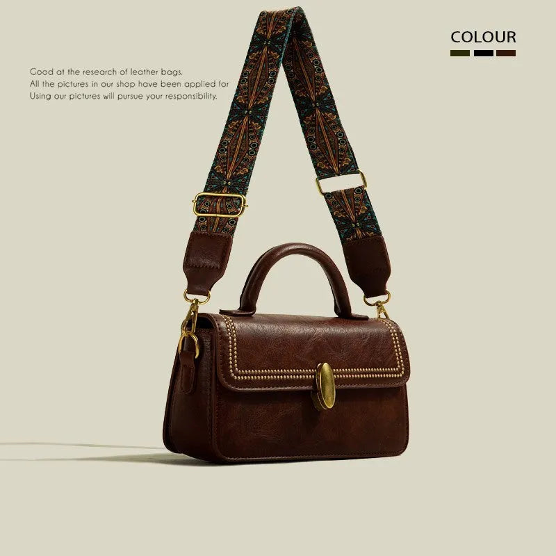 Brown retro messenger bag with square vertical design showing internal phone pocket and document compartment