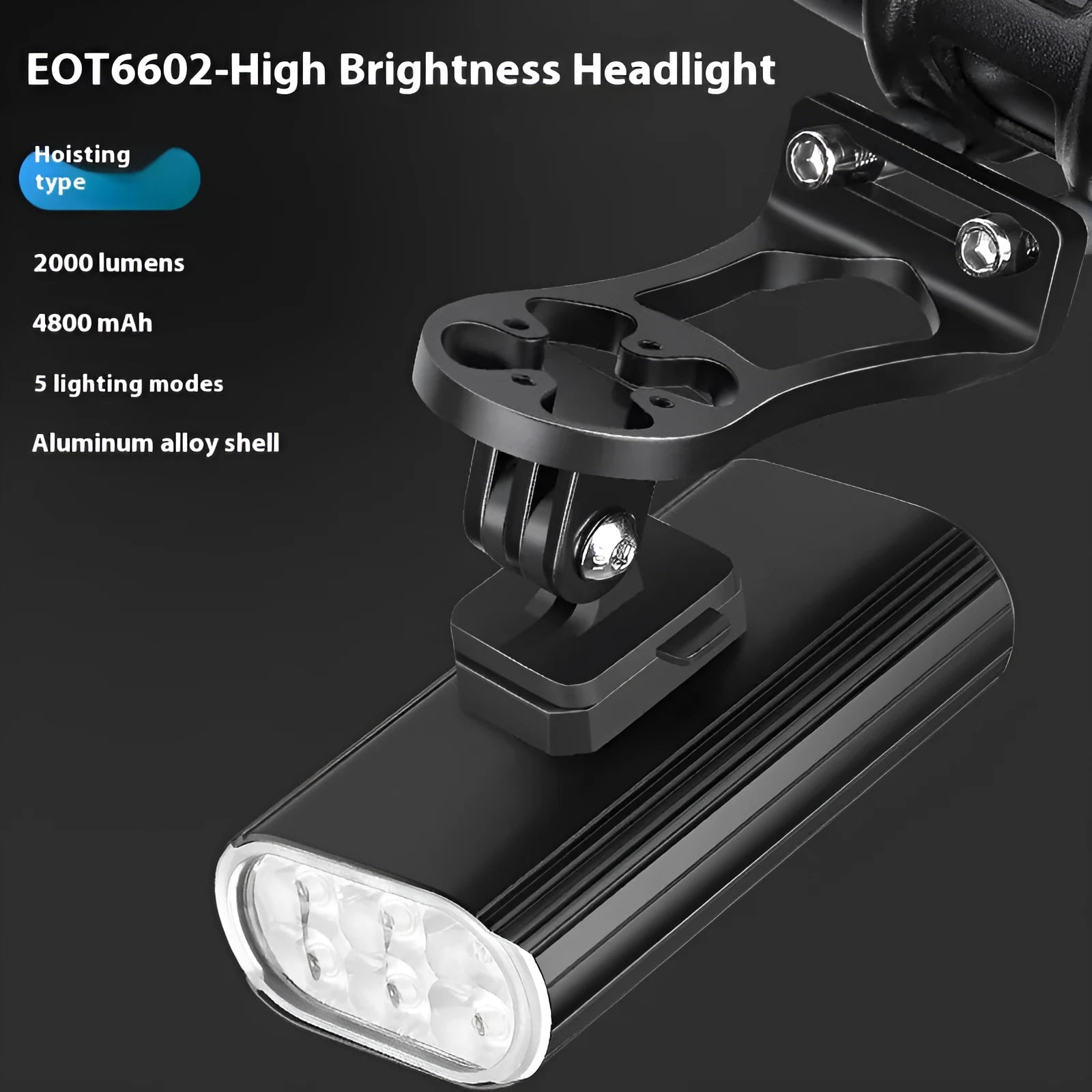 Silver aluminium alloy bicycle headlight showing USB Type-C charging port and six XPT lamp beads.
