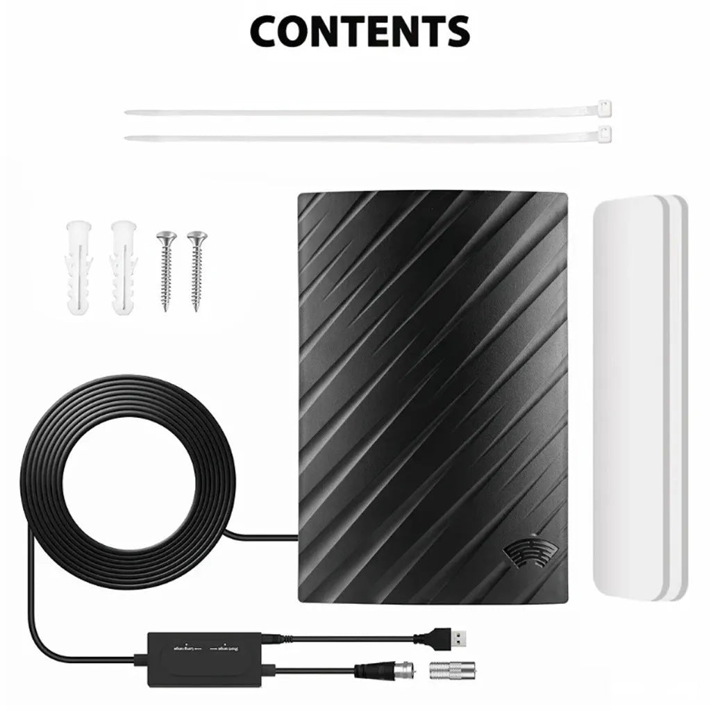 Black plastic indoor digital television antenna with mounting accessories.