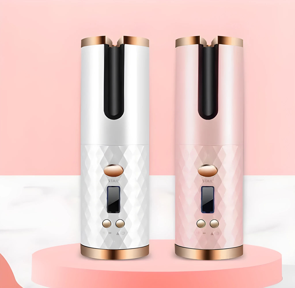 White automatic USB curling iron with ceramic barrel showing temperature control settings