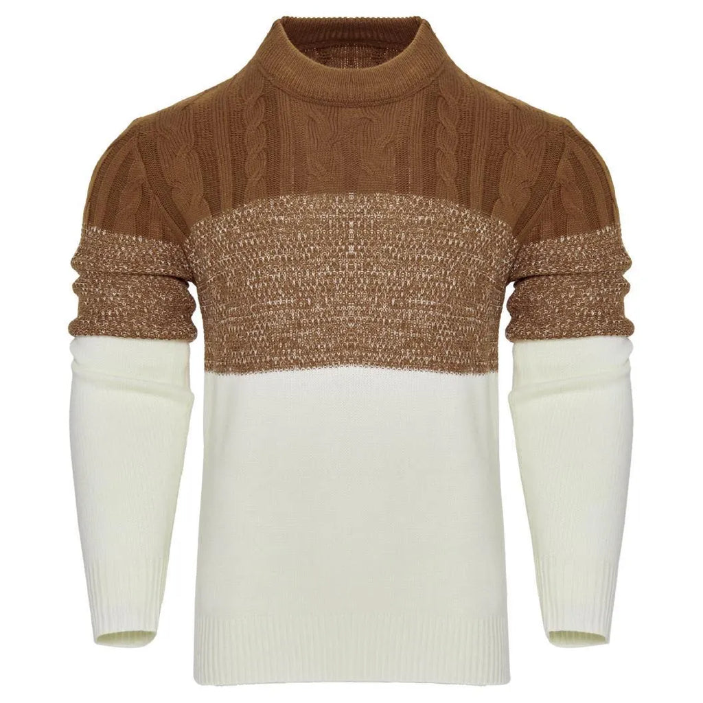 A men's long-sleeved knitted pullover sweater shown in one of five available styles.